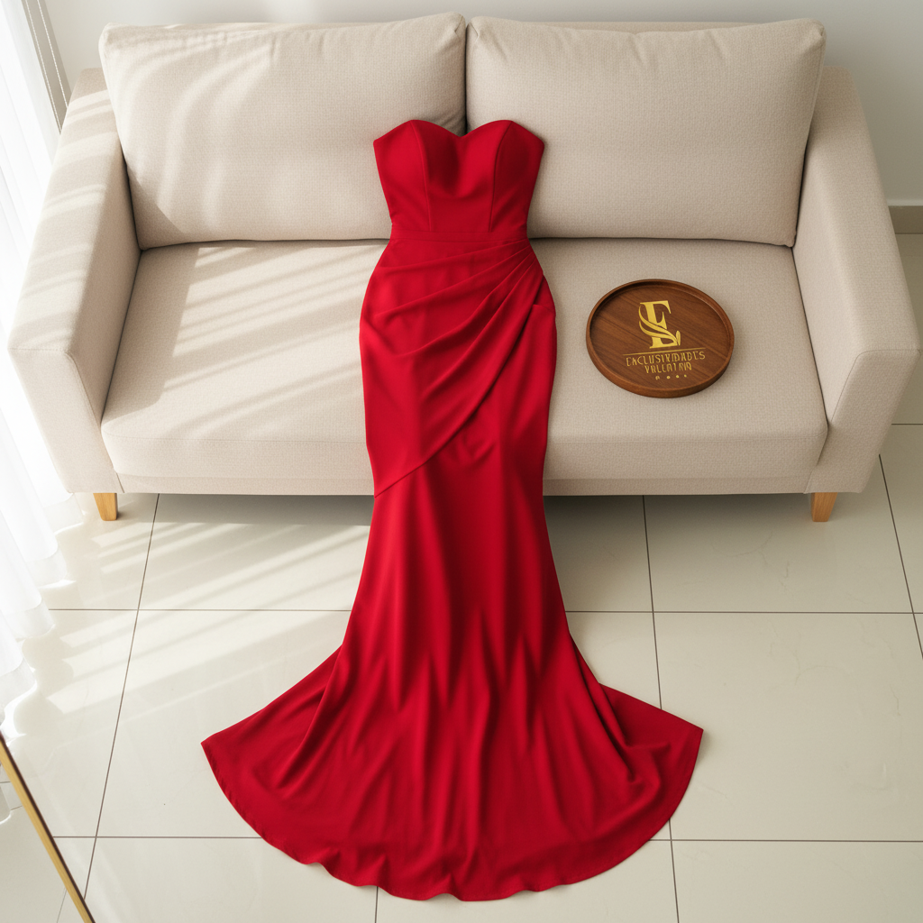 Vestido Sirena Rojo Strapless Sweetheart con Drapeado Diagonal y Cola cod.433