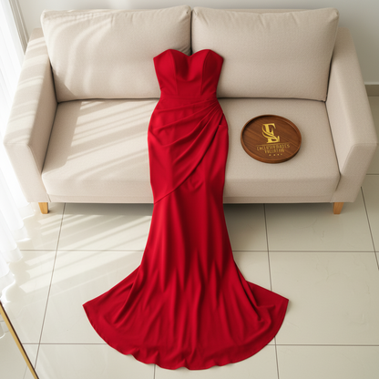 Vestido Sirena Rojo Strapless Sweetheart con Drapeado Diagonal y Cola cod.433