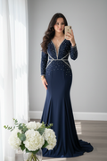 Vestido Azul Marino Sirena  Escote V Profundo — Gala y Eventos de Lujo cod.0075