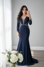 Vestido Azul Marino Sirena  Escote V Profundo — Gala y Eventos de Lujo cod.0075