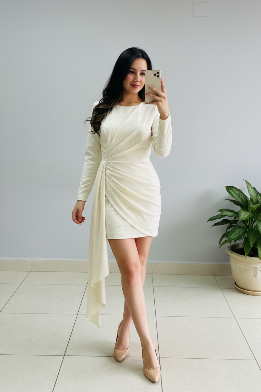 Vestido Corto Blanco Manga Larga con Perlas y Drapeado cod.497