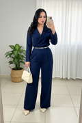 Conjunto 2 Piezas Azul Marino Top Cruzado Manga Larga y Palazzo cod.00139
