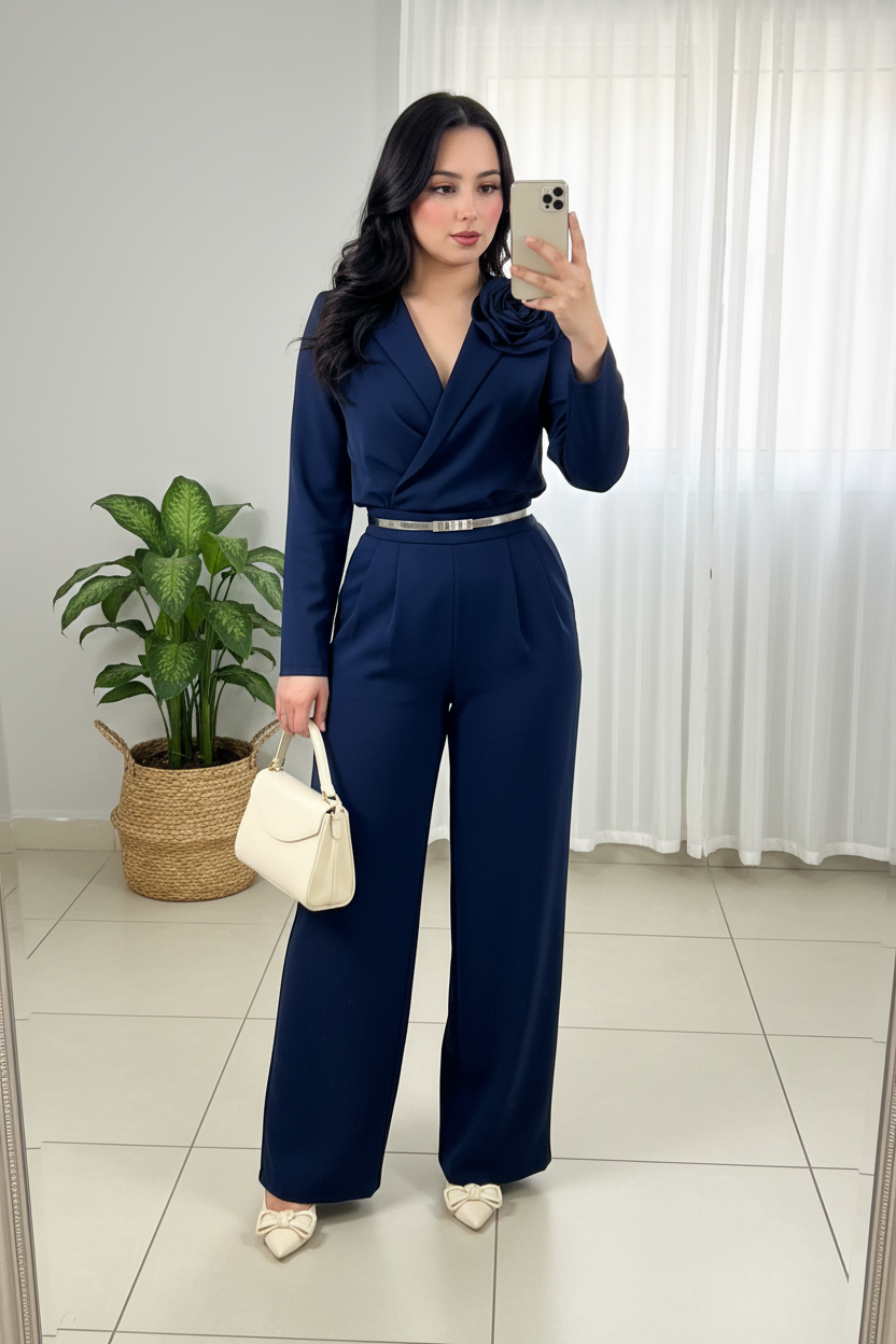 Conjunto 2 Piezas Azul Marino Top Cruzado Manga Larga y Palazzo cod.00139