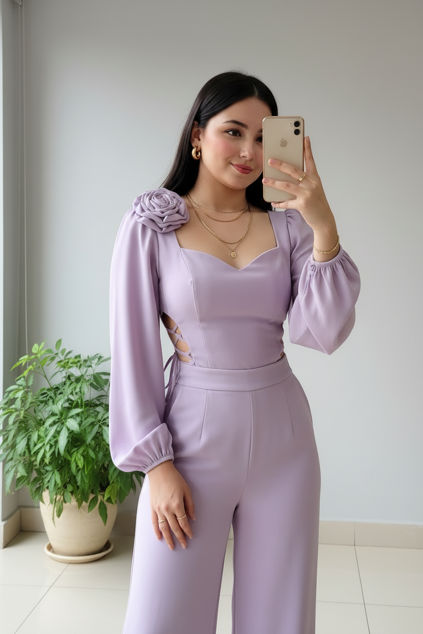Enterizo Lila con Rosa 3D, Mangas Globo y Cutouts Laterales cod.371