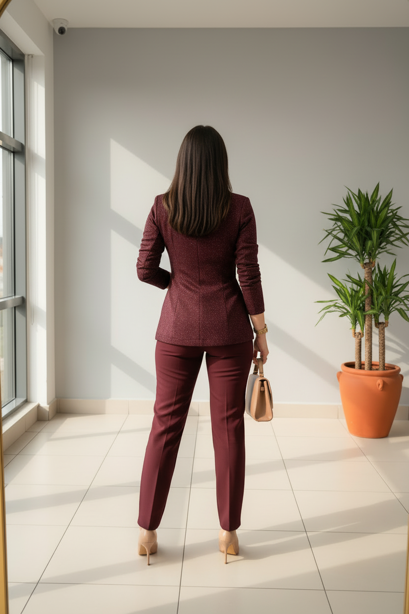 Conjunto Ejecutivo Borgoña con Glitter Dorado Blazer y Pantalón Slim cod.442