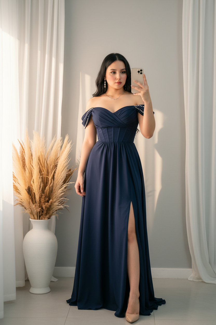 Vestido Azul Marino Off-Shoulder Perlas cod.00173