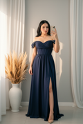 Vestido Azul Marino Off-Shoulder Perlas cod.00173