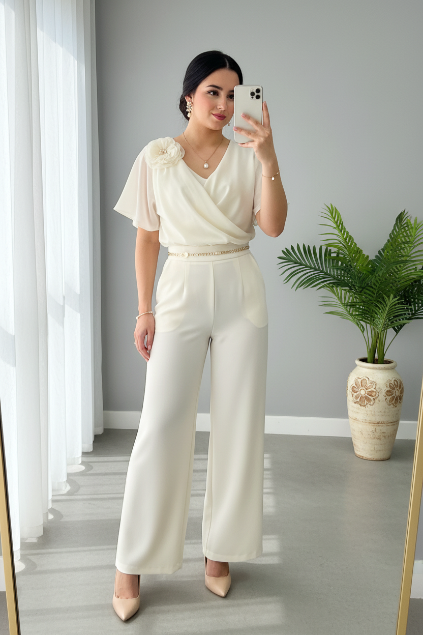 Conjunto Dos Piezas Blanco Total Top Wrap Flor 3D Cinturon Perlas Pantalon Palazzo Wide Leg cod.844