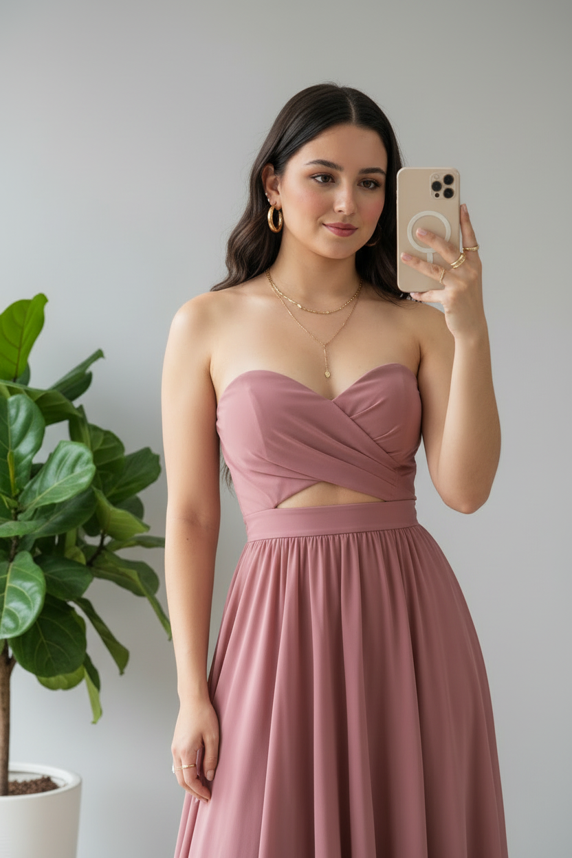 Vestido Rosa Mauve Strapless con Cutout y Falda en 3 Capas cod.368
