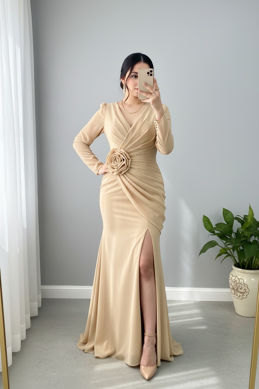 Vestido Dorado Champagne Manga Larga Sirena con Rosa D cod.968