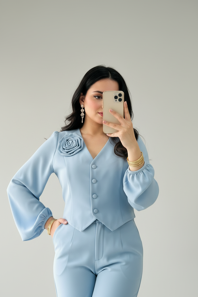 Conjunto Sastre Azul Cielo: Chaleco con Rosa 3D y Pantalón Bootcut cod.386