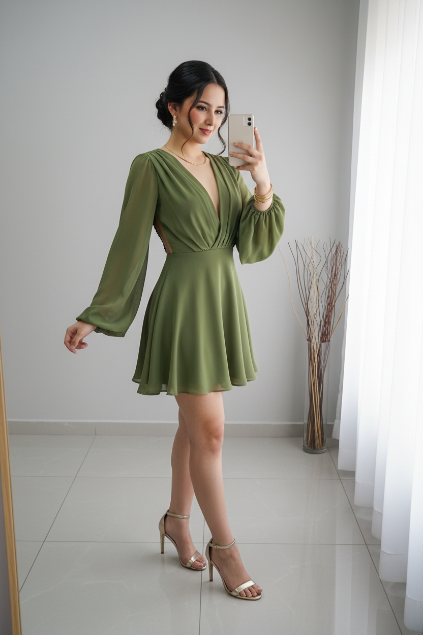 Vestido Verde Oliva Escote V Mangas Globo cod.V314