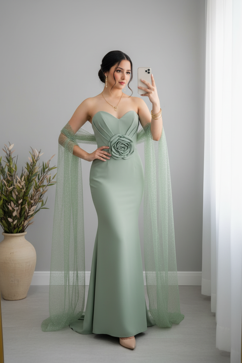 Vestido Sirena Verde Sage Rosa 3D Capa Tul cod.917