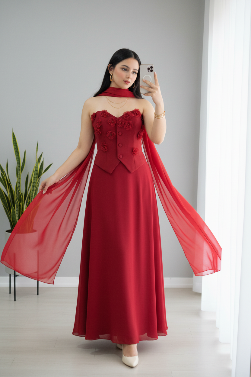 Conjunto Rojo de Gala — Blusa Chaleco + Falda Chiffon cod.C615