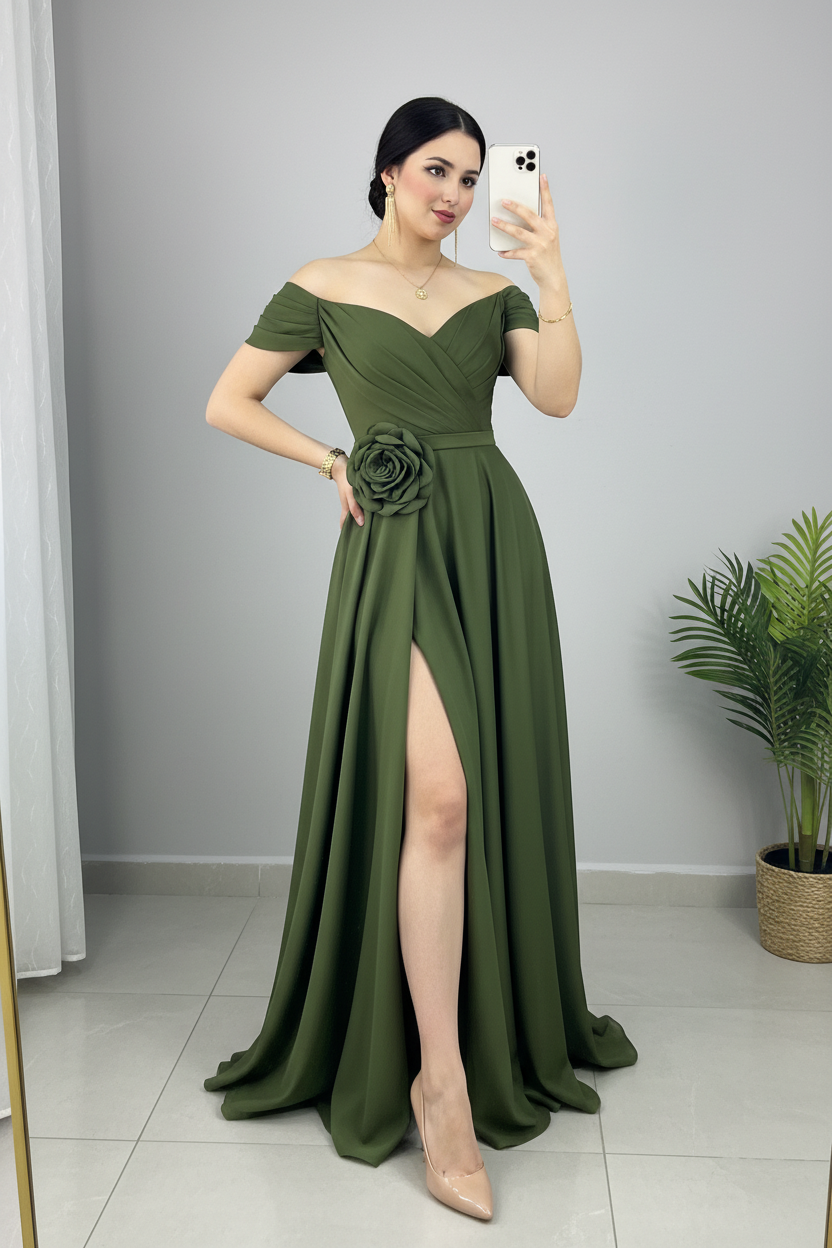 Vestido Largo Verde Oliva Off-Shoulder — Rosa 3D Cintura & Abertura Lateral cod.891