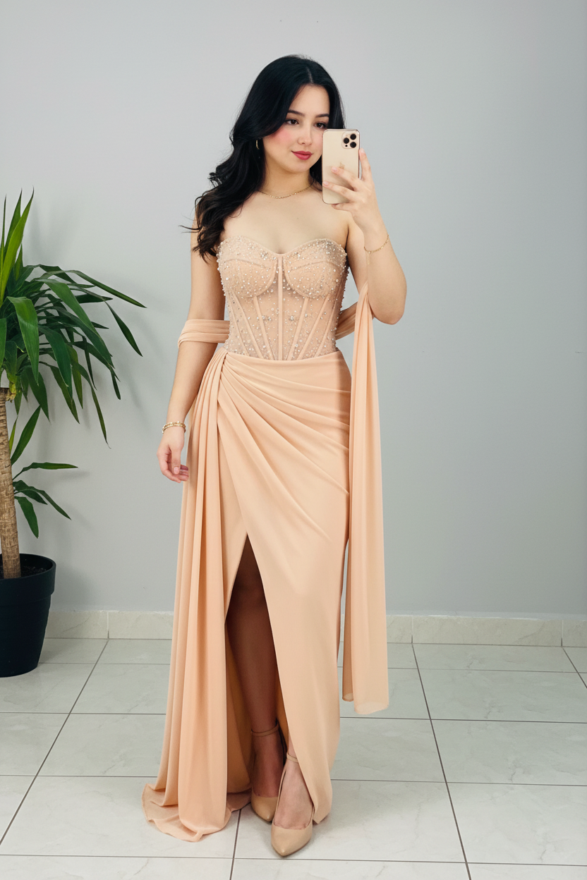 Vestido Formal Champagne Strapless Corset Transparente con Perlas y Capa Drapeada cod.530