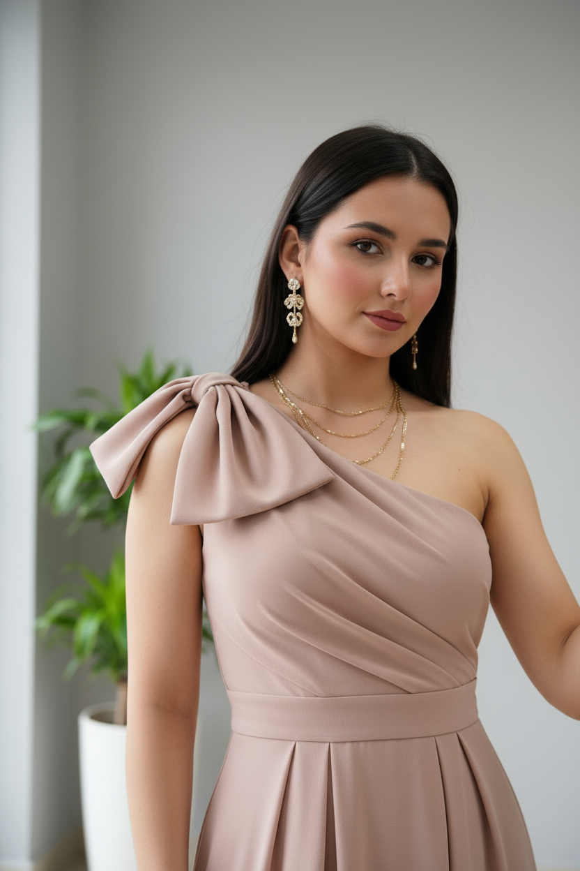 Vestido de Gala Rosa Nude con Moño y Drapeado - Elegante One Shoulder Largo cod.344