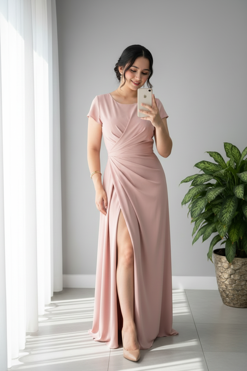 Vestido Rosa Palo Manga Corta Drapeado Cruzado Abertura cod.928