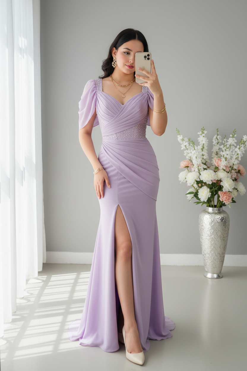 Vestido Lila Sirena con Escote V y Abertura Frontal cod.V507
