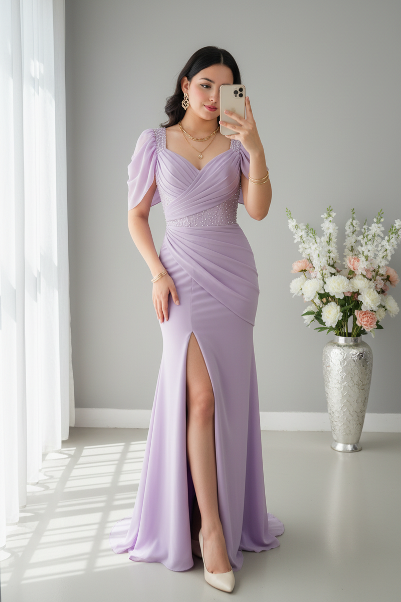 Vestido Lila Sirena con Escote V y Abertura Frontal cod.V507