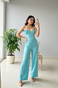 Jumpsuit Elegante Azul Turquesa con Rosa 3D y Corsé - Pierna Ancha Sofisticado cod.347