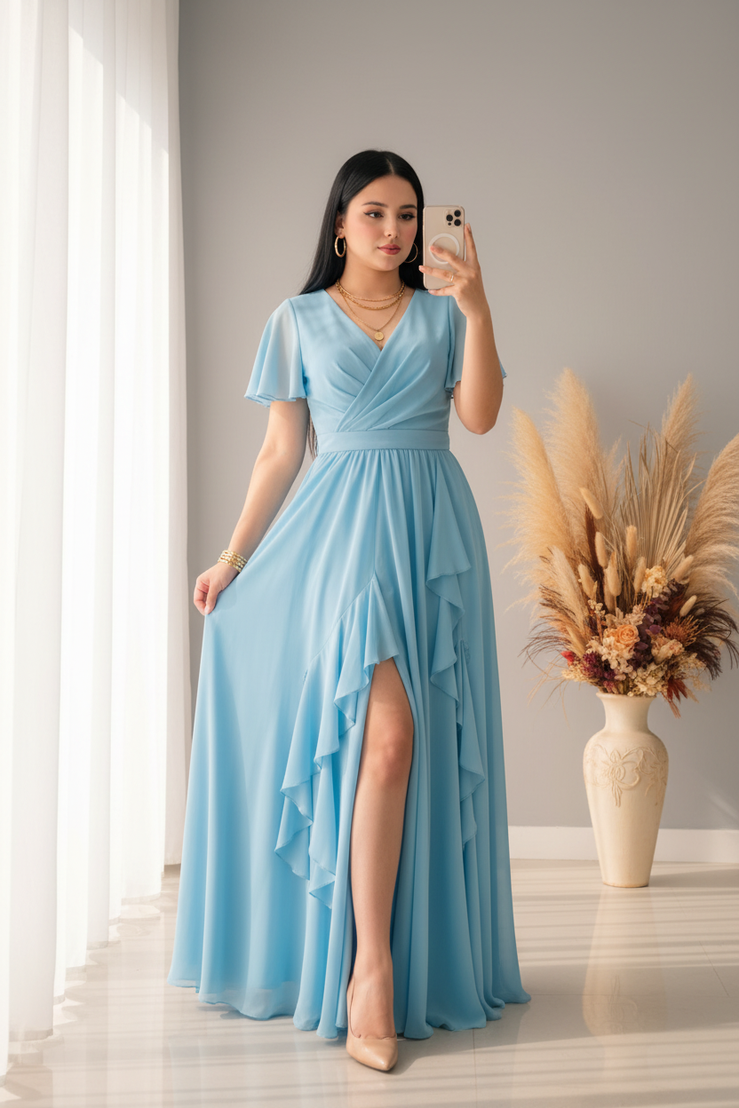 Vestido Azul Cielo Gasa Manga Mariposa cod.00165