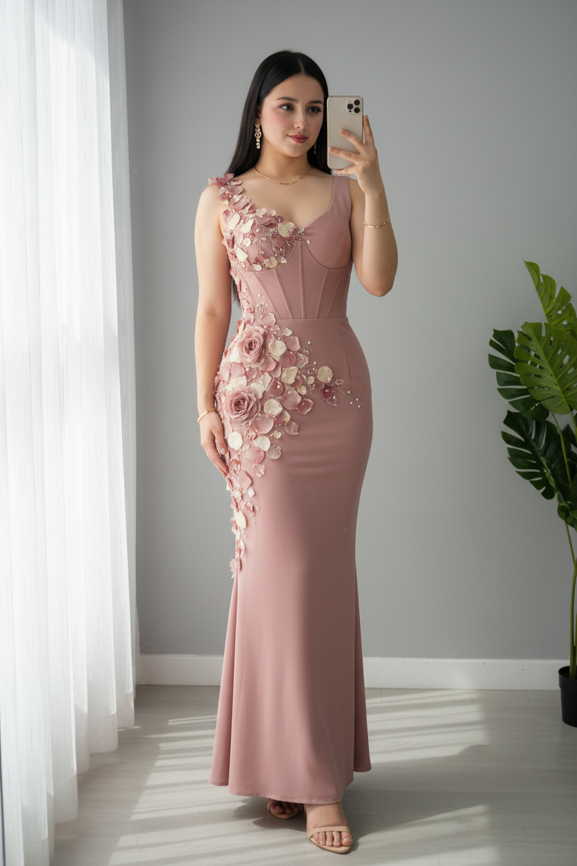 Vestido Maxi Rosa Palo Sirena con Cascada de Flores y Rosas D3 cod.V860