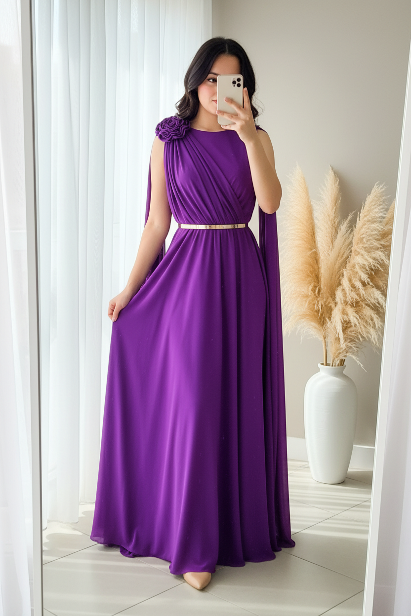 Vestido Morado Chiffon con Capa y Rosa 3d cod.0094