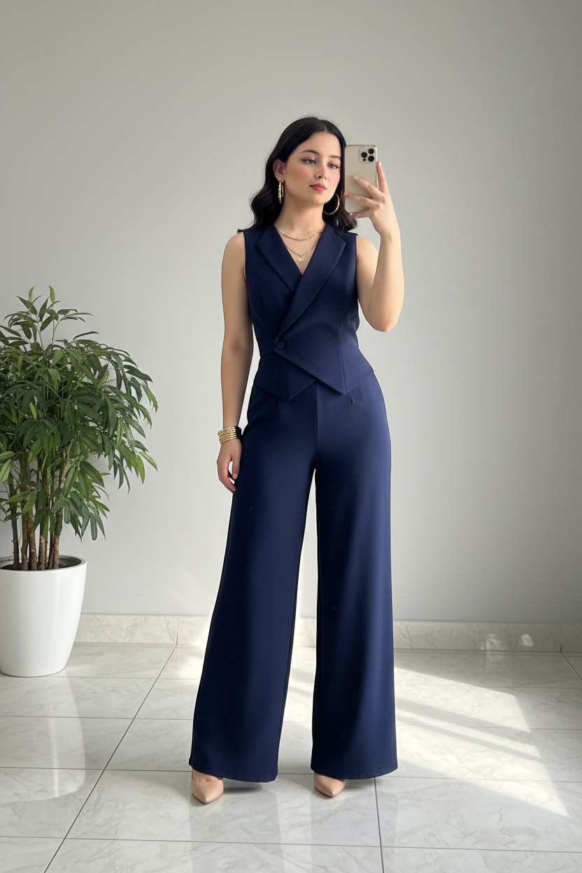Enterizo Ejecutivo Azul Marino con Diseño Cruzado - Elegante y Sofisticado cod.318