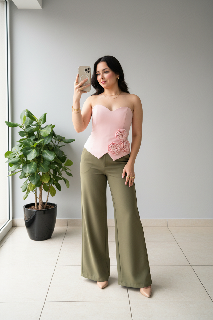 Conjunto Elegante: Corsé Rosa con Rosas 3D + Pantalón Verde Oliva - Sofisticado cod.329