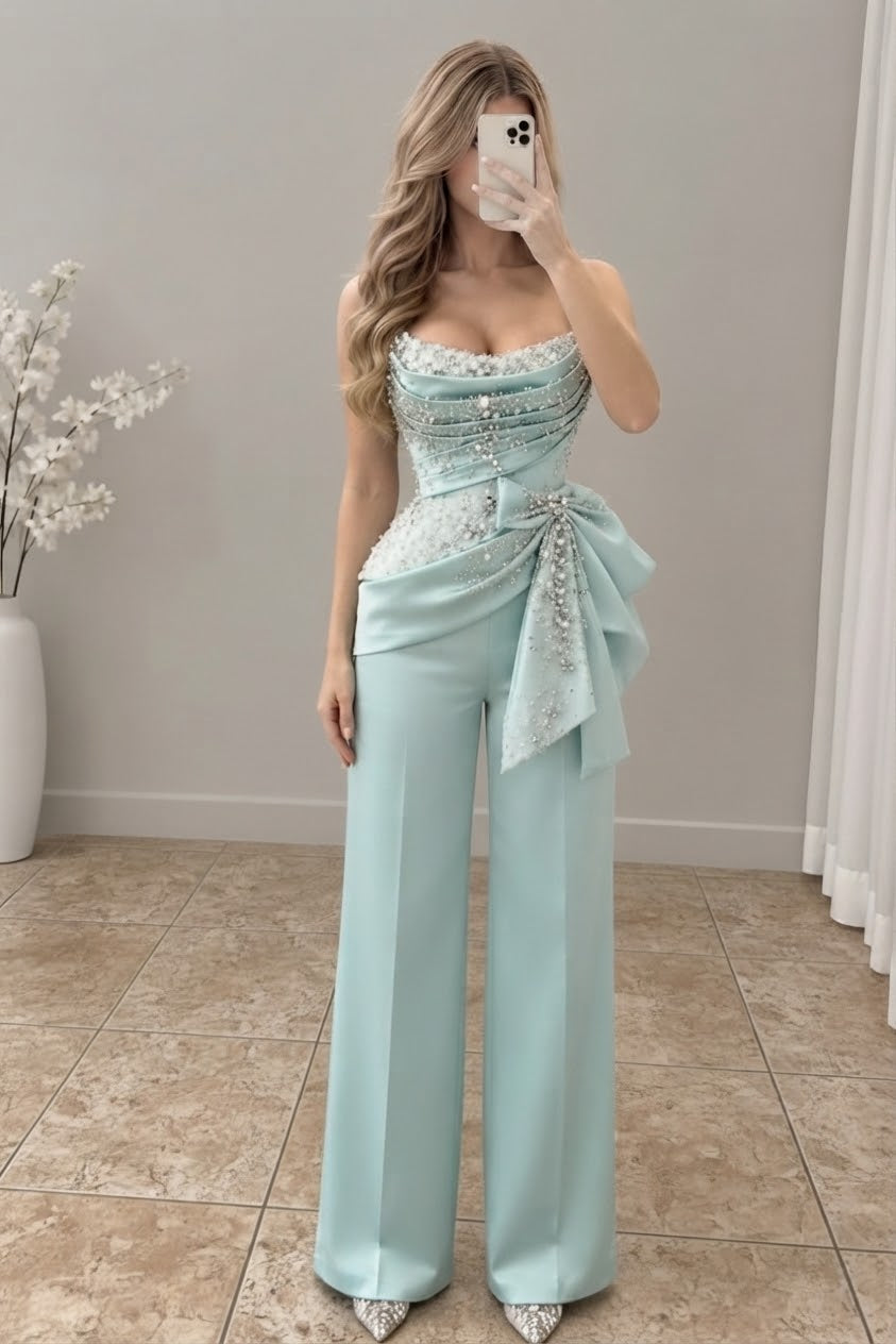 Conjunto verde agua corsé con perlas y pantalón palazzo cod. CJ008