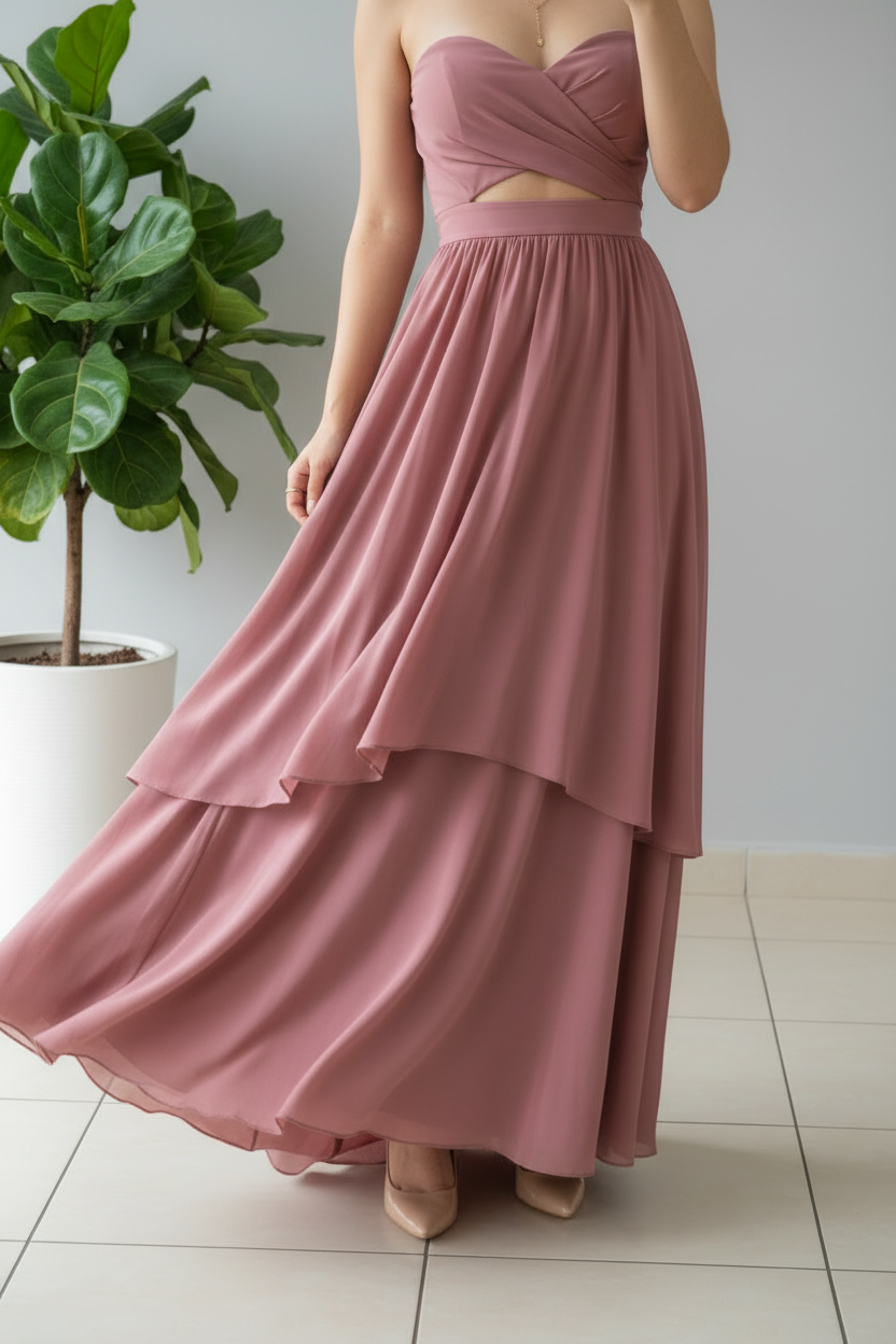 Vestido Rosa Mauve Strapless con Cutout y Falda en 3 Capas cod.368