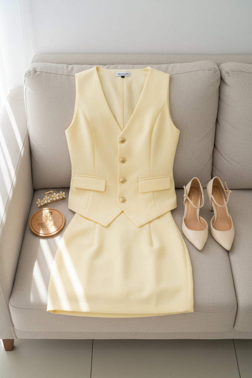 Conjunto Amarillo Butter Chaleco con Botones Dorados y Minifalda cod.472