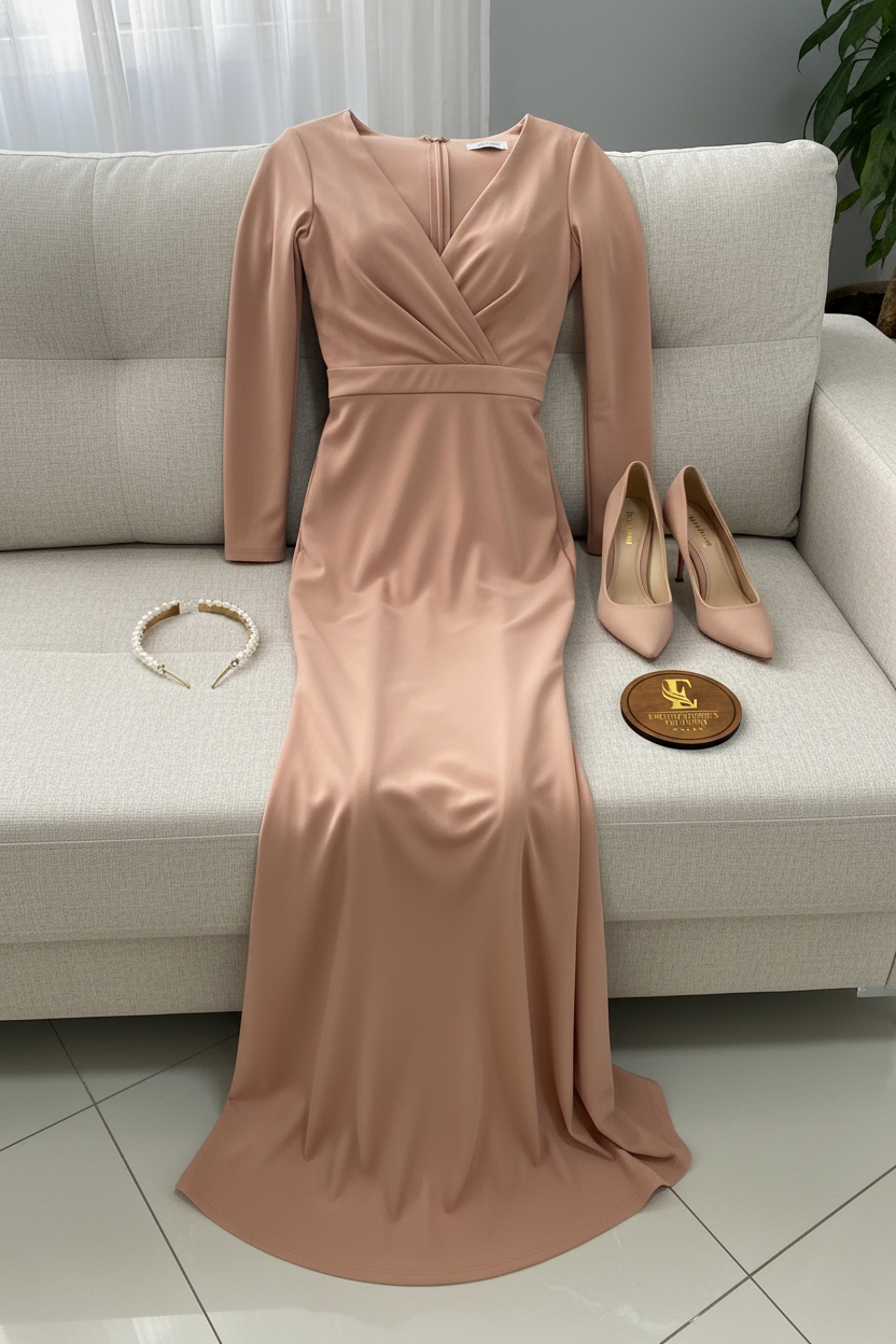 Vestido Largo Rosa Palo Escote V Cruzado Manga Larga Sirena con Cola cod.473