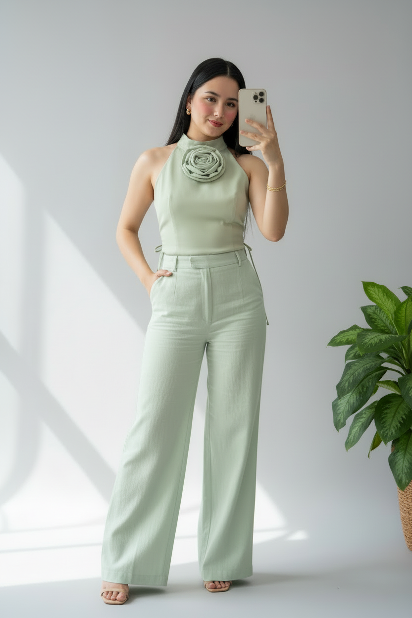 Conjunto Sage Halter Rose & Palazzo Sastre cod.579