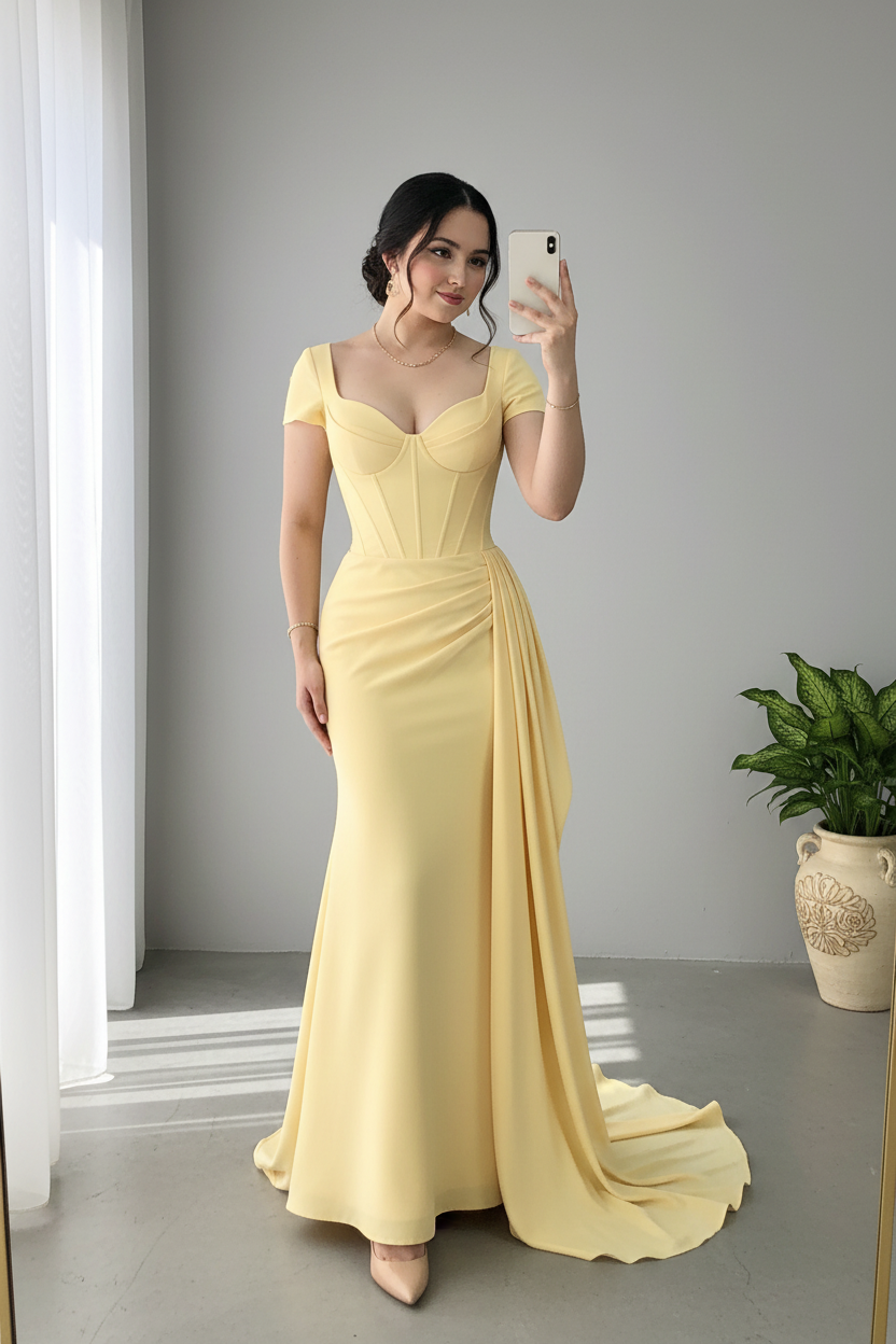 Vestido Sirena Amarillo Pastel — Corset Ballenas, Escote Corazón & Drapeado Lateral cod.884