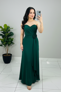 Vestido Formal Verde Esmeralda Strapless con Rosa 3D y Falda Drapeada de Gasa cod.537