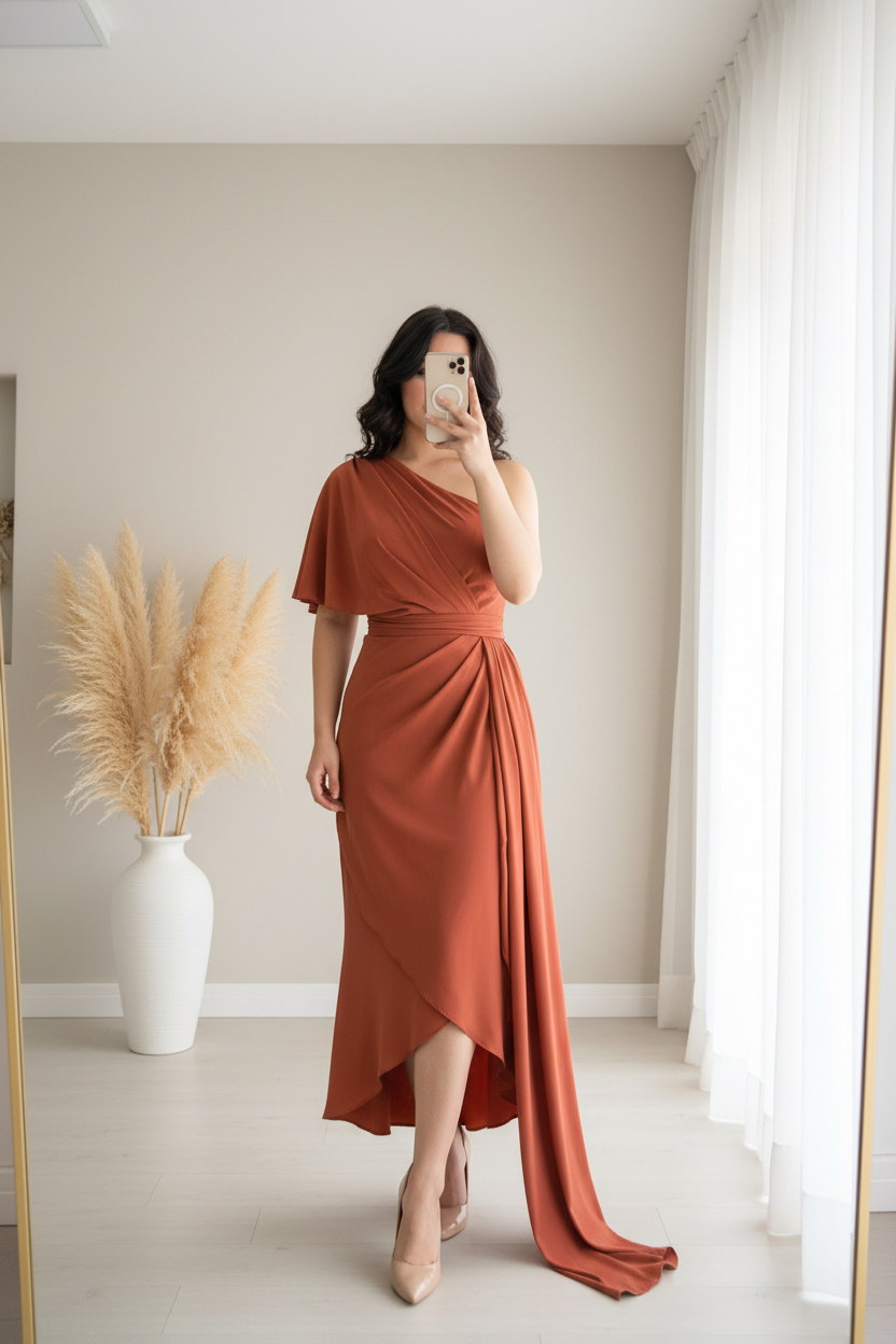Vestido Terracota Asimétrico Un Hombro cod.0088