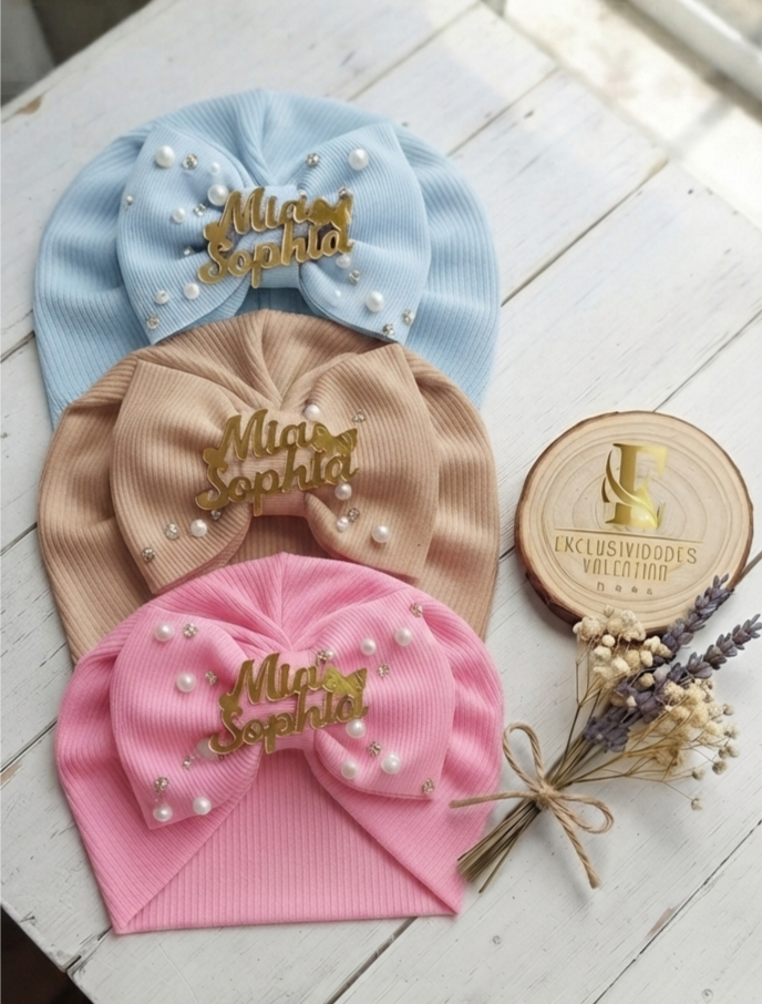 Gorrita Turbante Bebé con Moño y Nombre Personalizado cod.007
