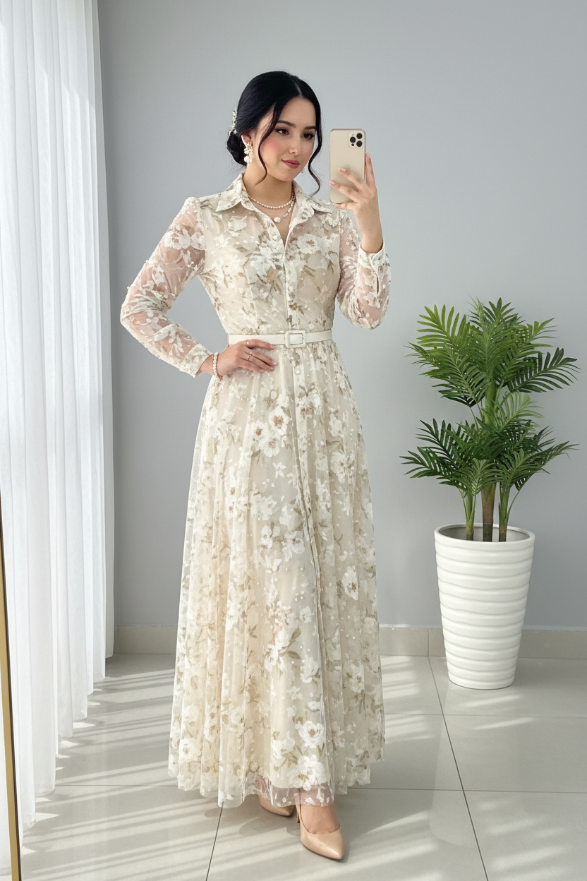Vestido Crema Floral Bordado Tul Manga Larga Cuello Camisero A-Line cod.823