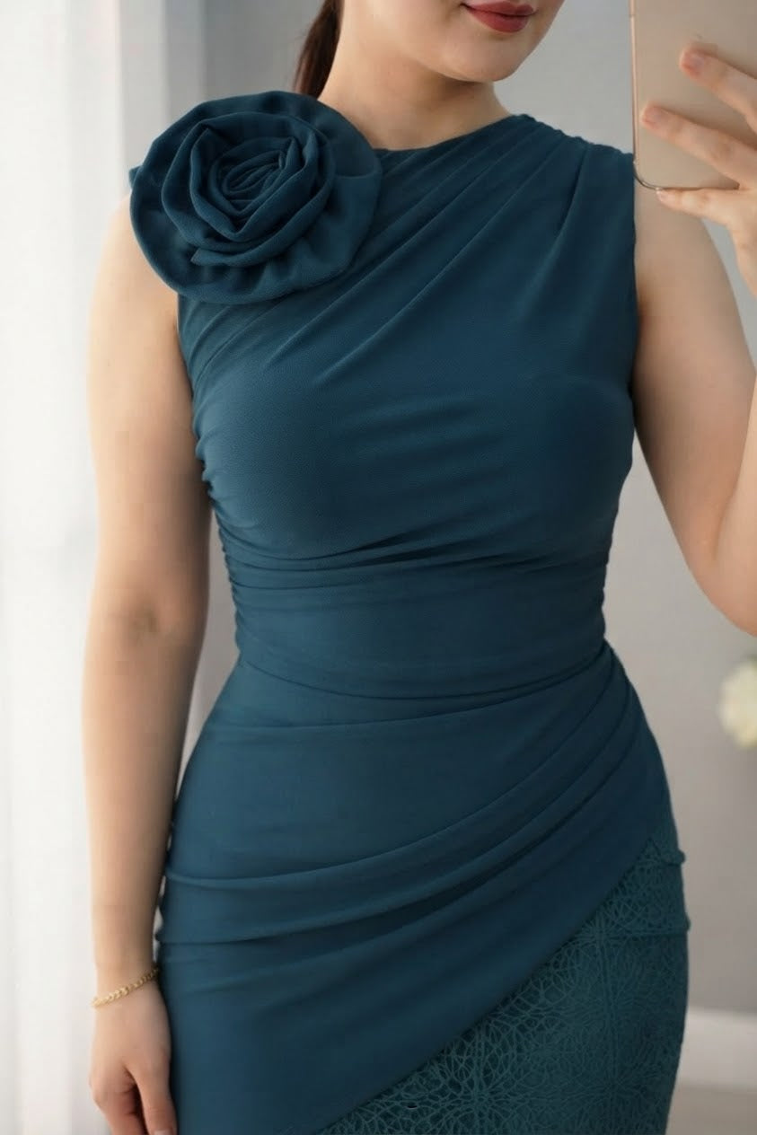 Vestido Verde Azulado Rosa Encaje | VP-008