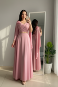 Vestido Rosa Palo Top Cruzado con Capa y Falda Amplia cod.725