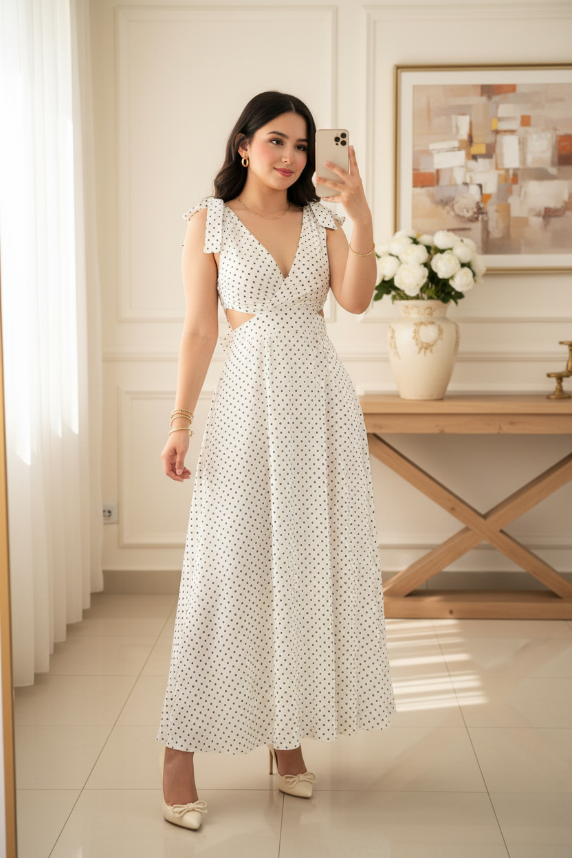 Vestido largo escotado, estampado de lunares. Cod.11182