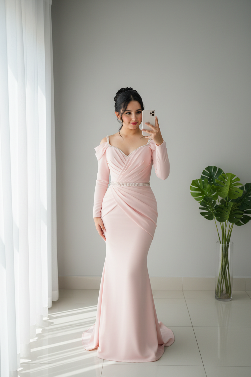 Vestido Rosa Palo Sirena Drapeado Strass cod.V240