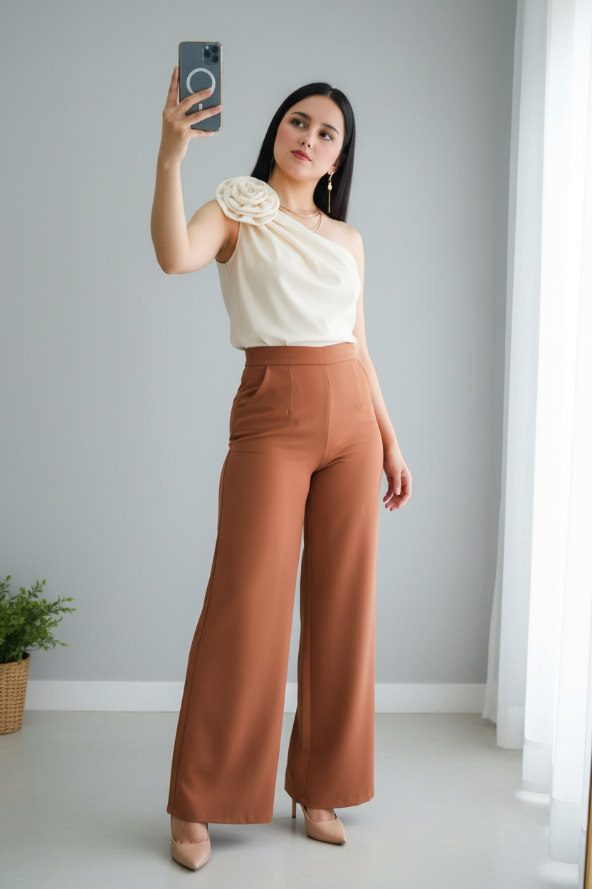 Conjunto Top Blanco Un Hombro Rosa 3D y Pantalón Palazzo Terracota cod.734