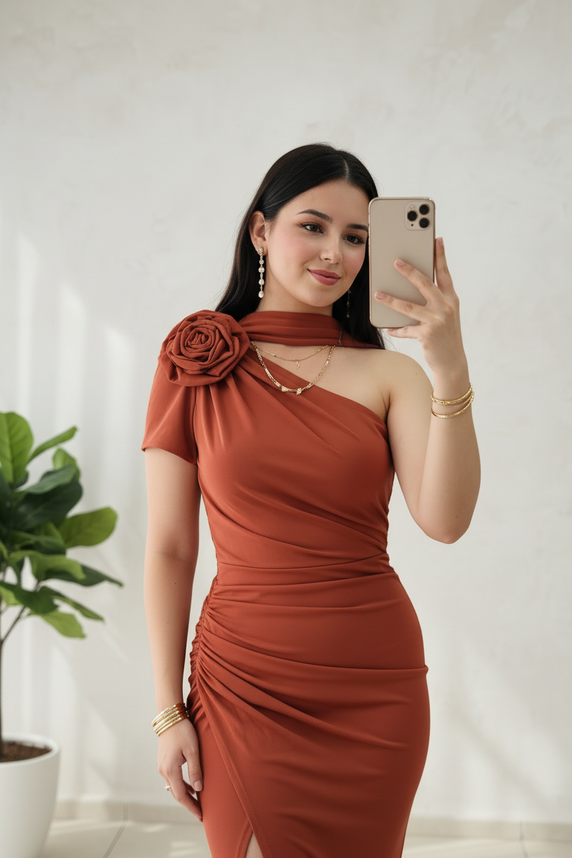 Vestido Largo Terracota Un Hombro Halter con Rosa 3D y Abertura Lateral cod.469