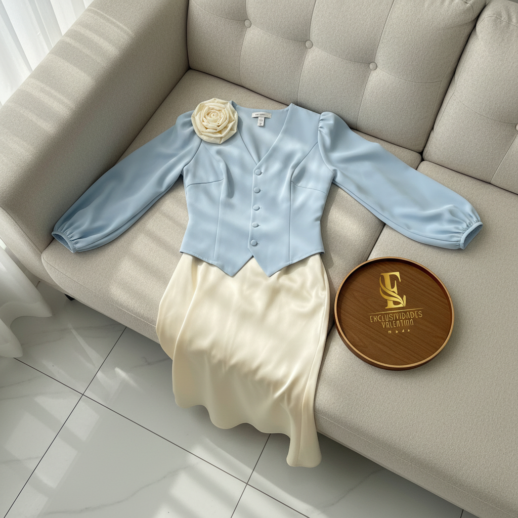 Conjunto Chaleco Azul Cielo con Rosa 3D y Falda Satinada Crema cod.389