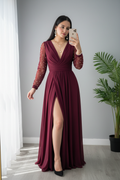 Vestido Vino Borgoña Manga Larga Tul Perlas Abertura cod.V694
