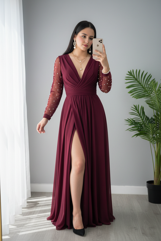 Vestido Vino Borgoña Manga Larga Tul Perlas Abertura cod.V694