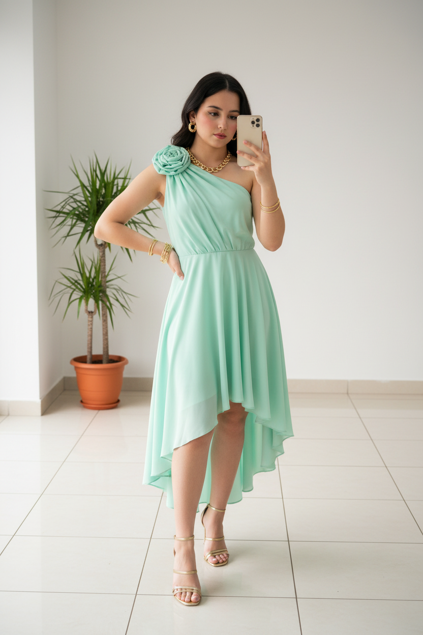 Vestido Verde Menta Un Hombro con Rosa 3D y Falda High-Low Chifón cod.454